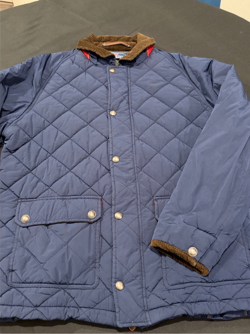 Vineyard Vines Navy Quilted Field Jacket with Brown Corduroy Collar